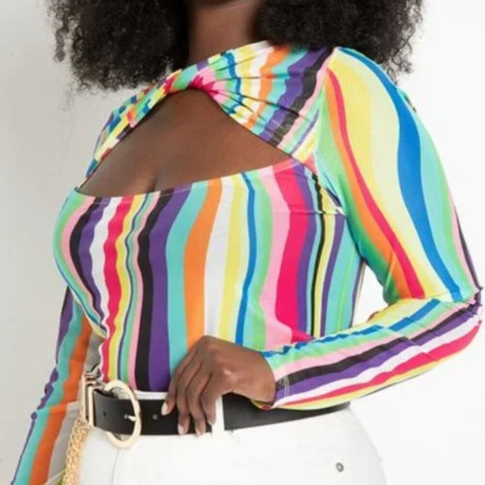 Eloquii Mesh Rainbow Striped Blouse CutOut‎ Sz 14 Unique Party Y2K Funky Retro